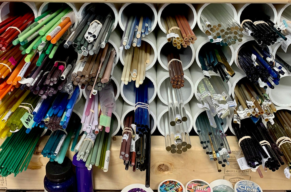 Glass rods in tube storage for cremation keepsakes and other glass pieces